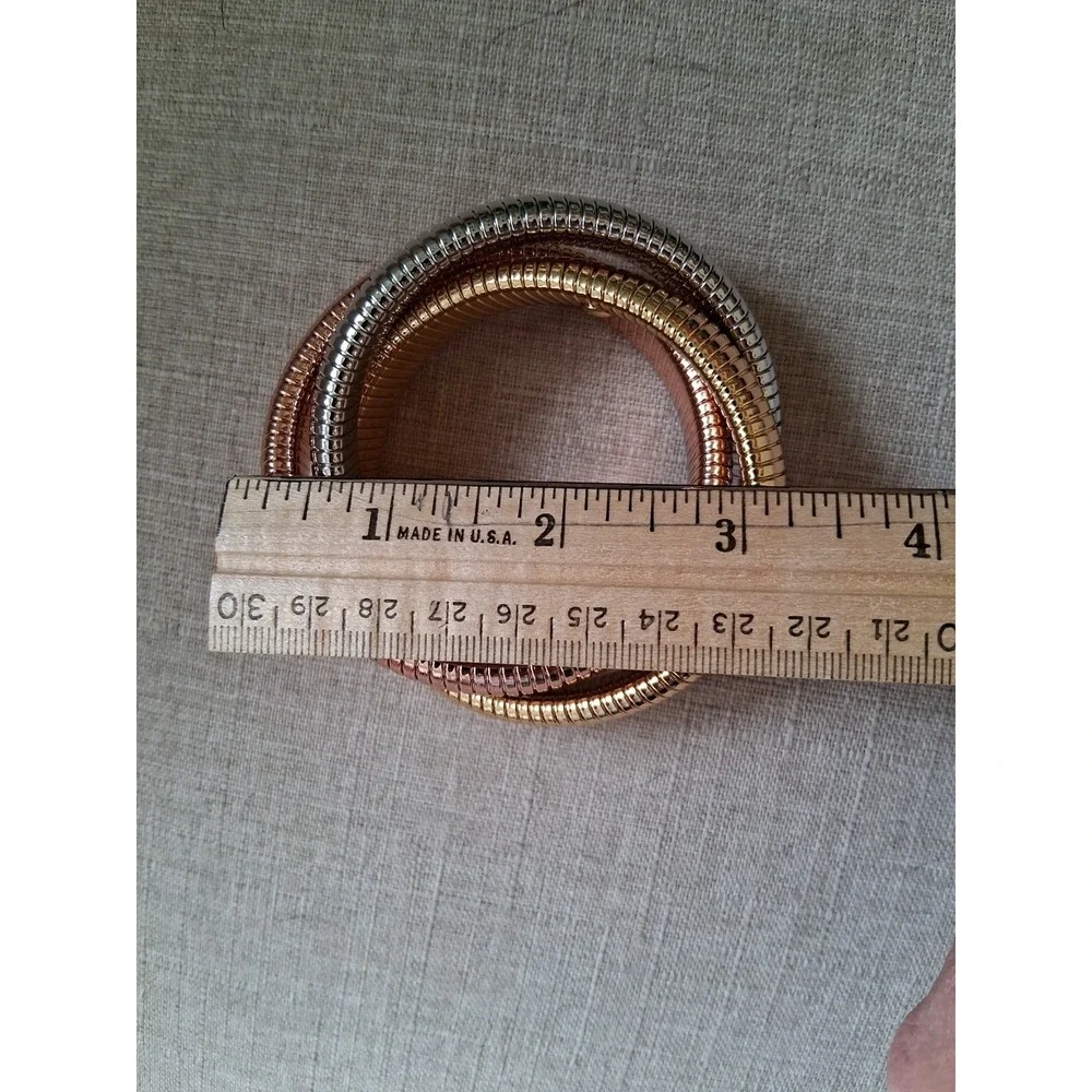 Tricolor Coil Bracelet Gold Silver Rose Tone Stretch Statement Bangle - Picture 4 of 6